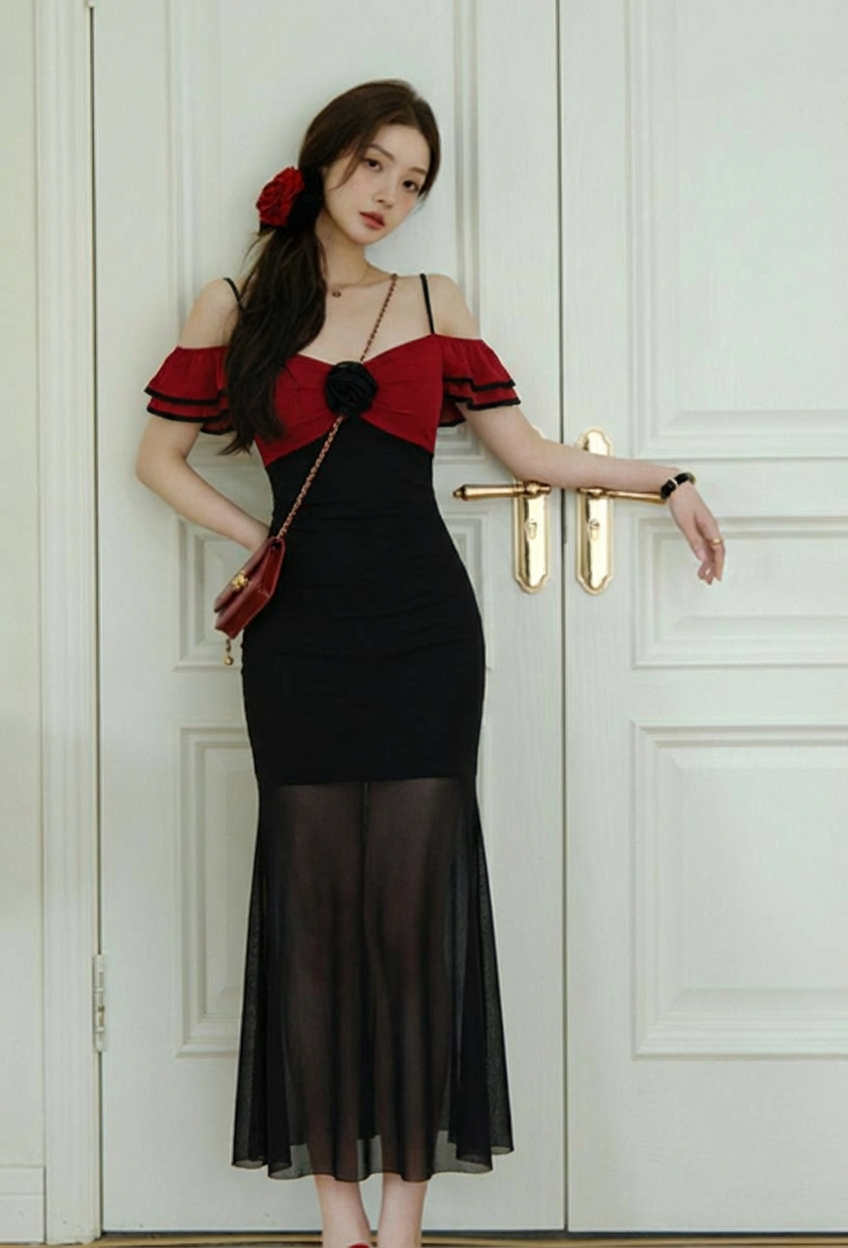 吊带连衣裙长款性感可爱雪纺木耳边袖口透气