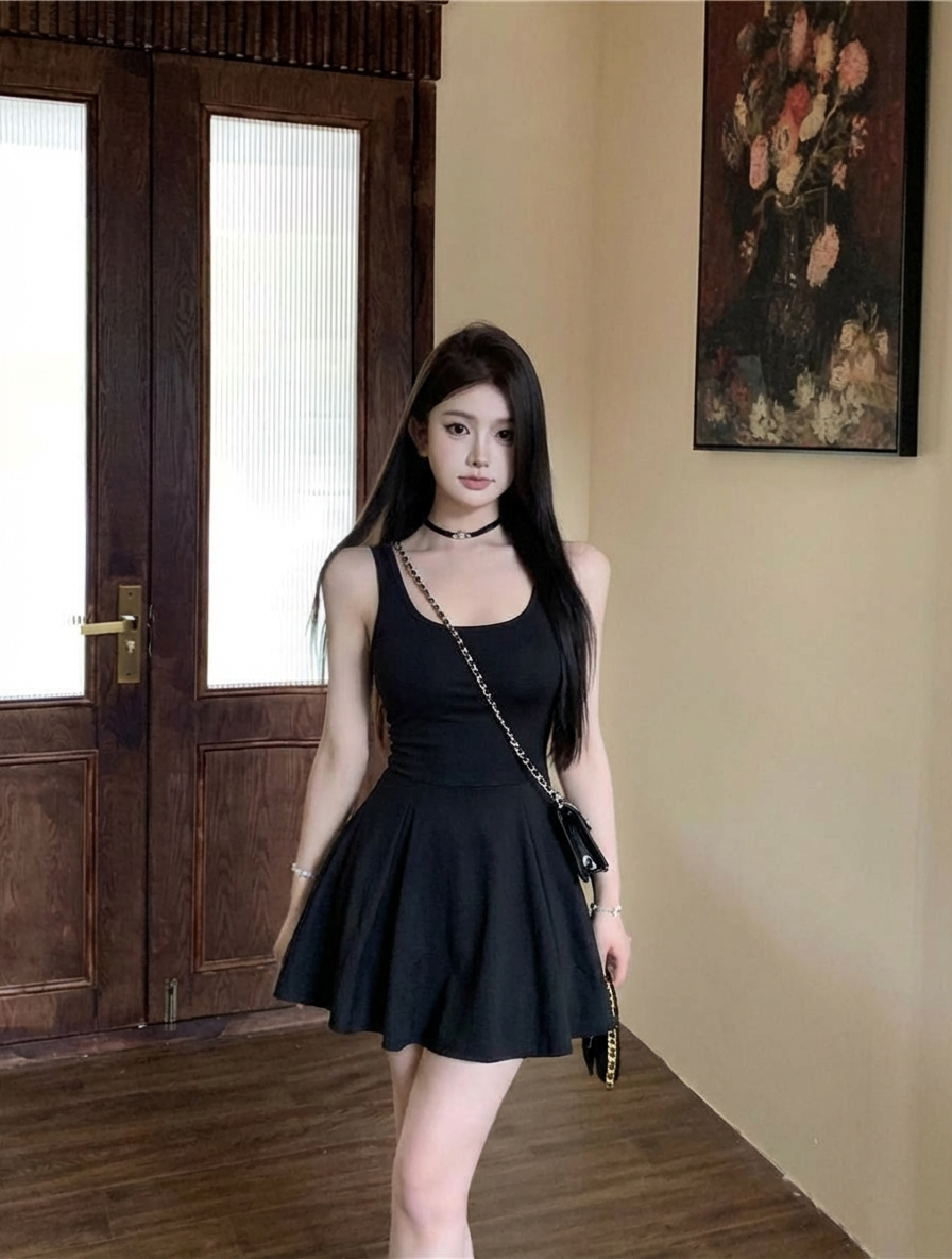 2025春夏新款轻奢纯欲性感方领无袖高级感收腰黑色背心连衣裙