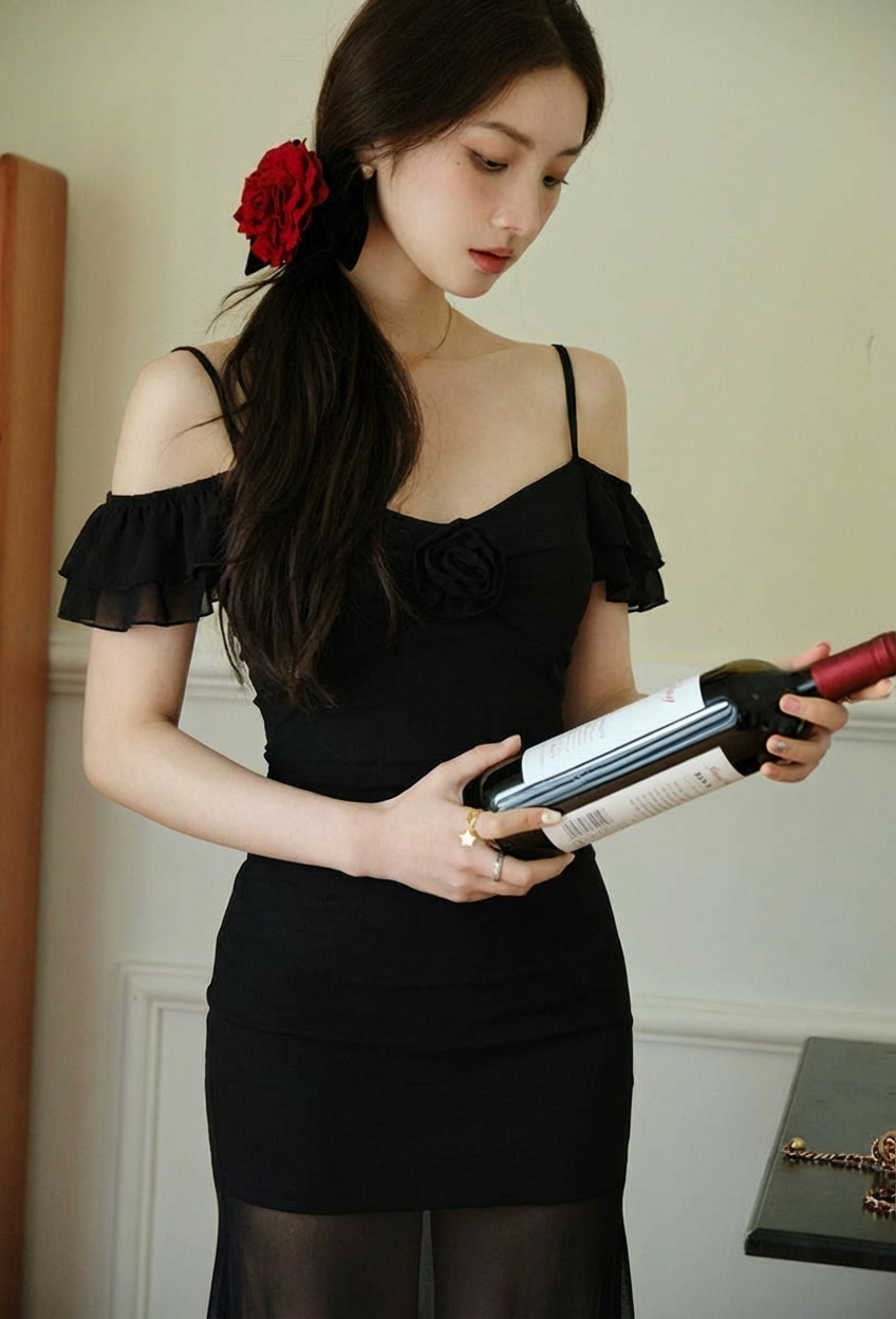 吊带连衣裙长款性感可爱雪纺木耳边袖口透气