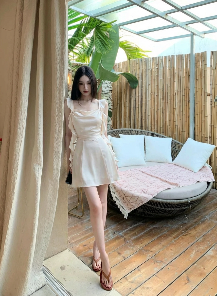 纯欲设计感荷叶边飘带露背吊带连衣裙