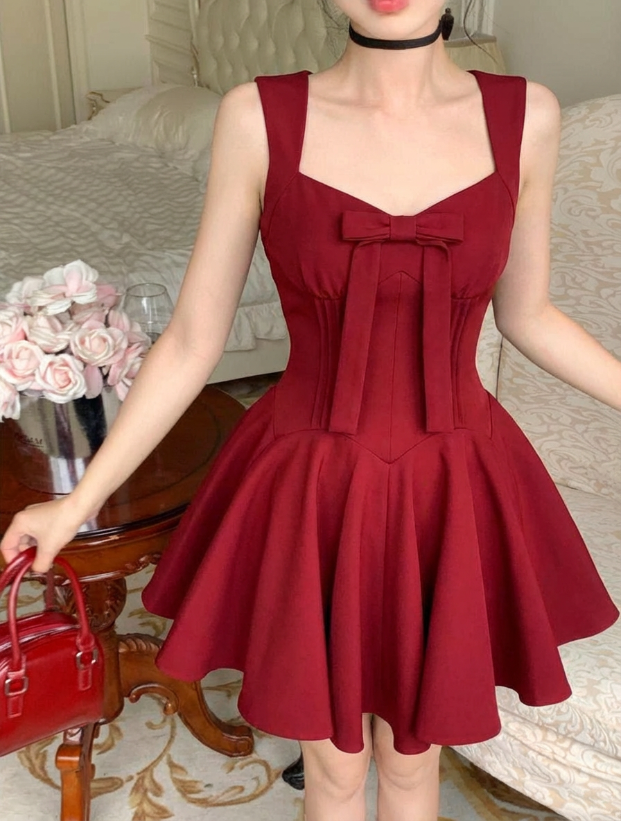 辣妹纯欲风公主裙蝴蝶结千金感无袖收腰连衣裙