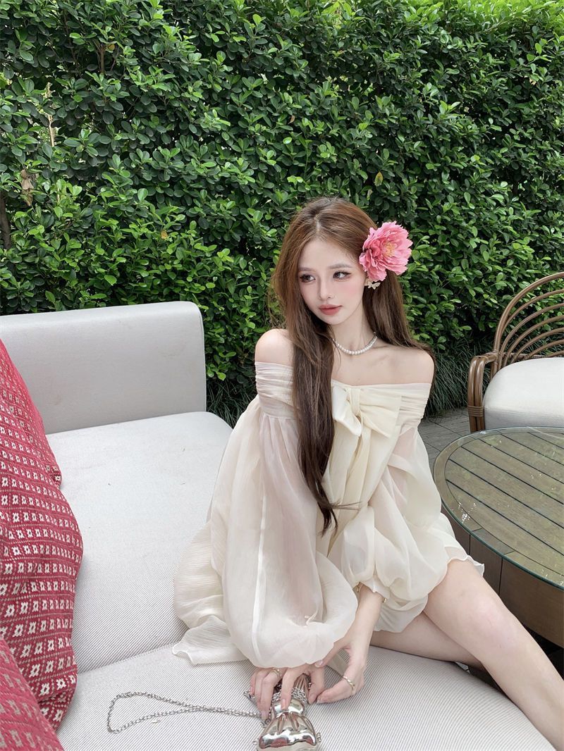温柔风法式蝴蝶结一字肩雪纺连衣裙