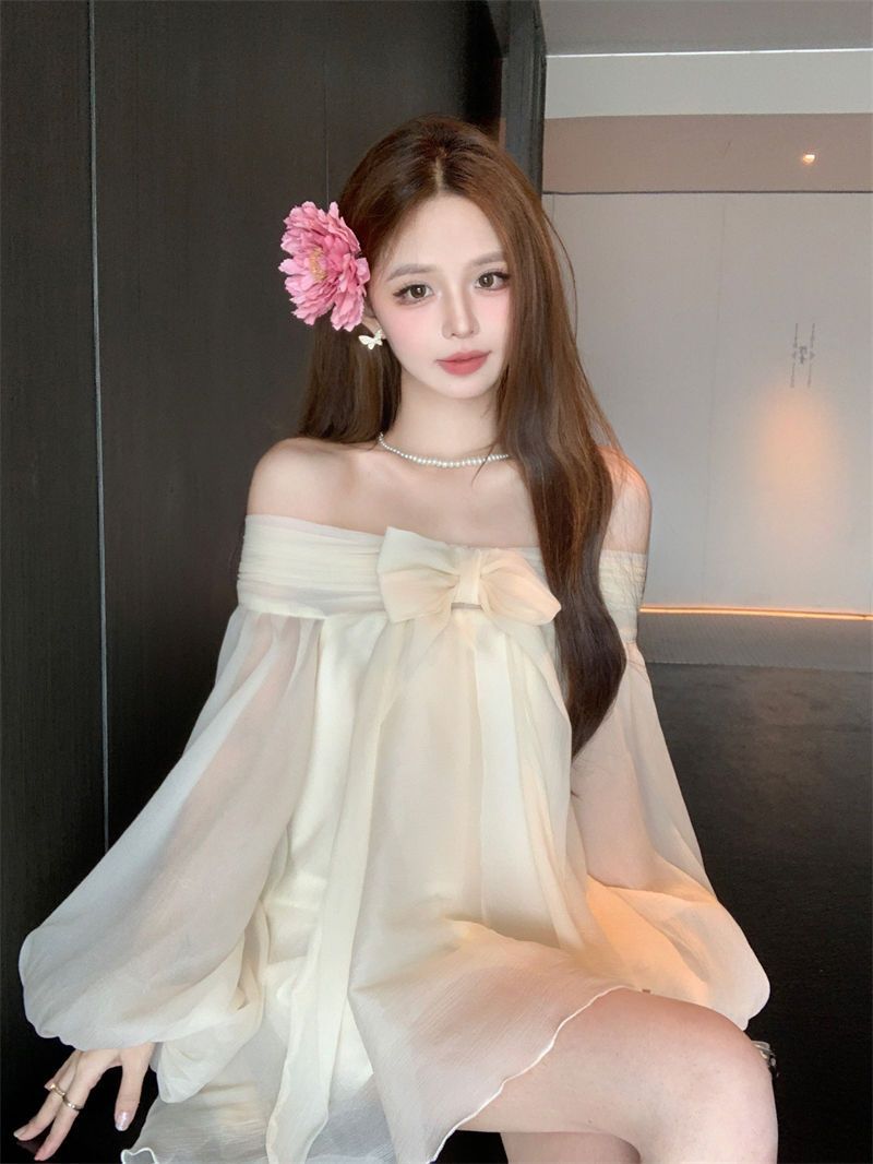 温柔风法式蝴蝶结一字肩雪纺连衣裙