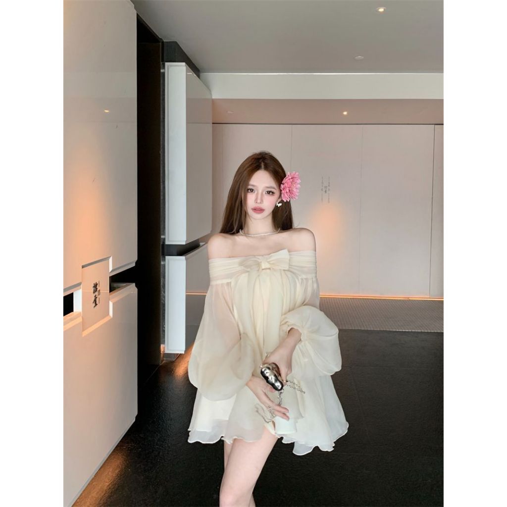 Gentle French bow one-shoulder chiffon dress