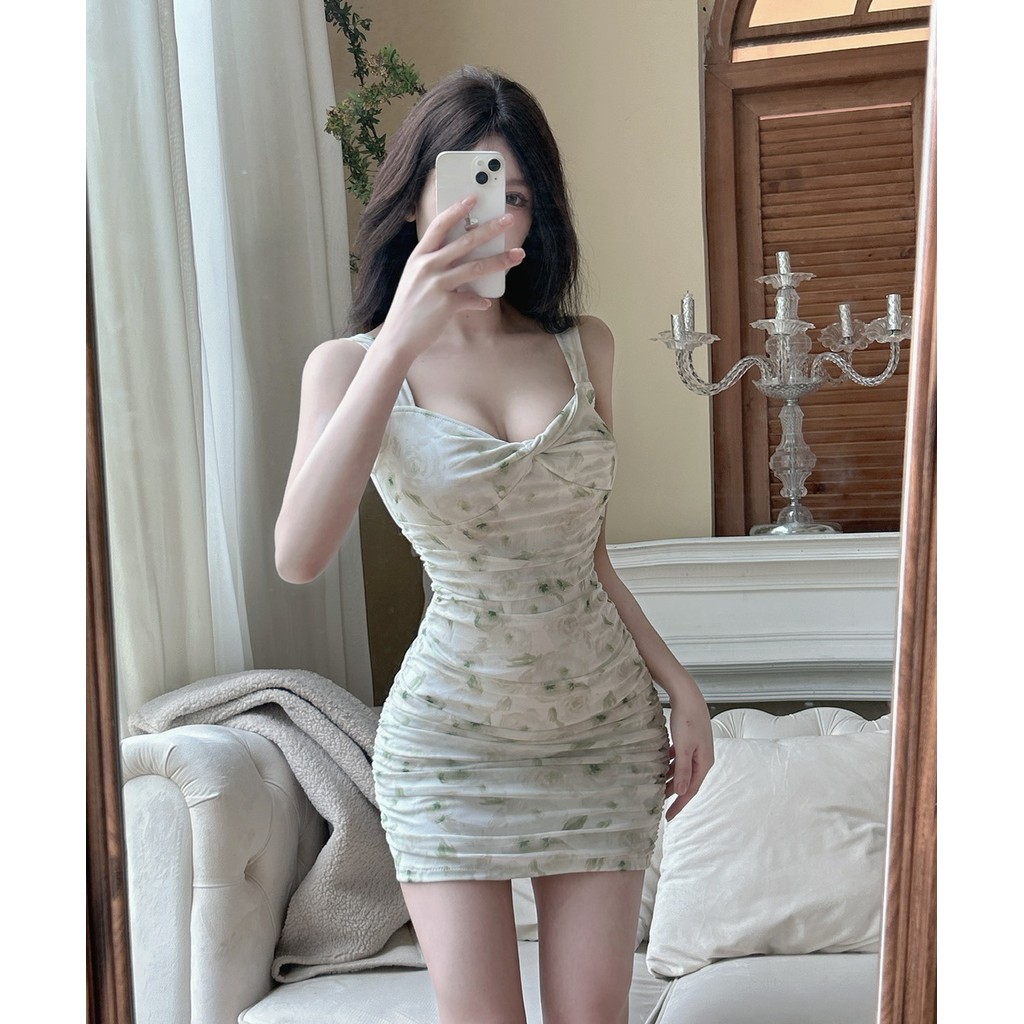 Summer 2026 - Low-cut Design Bottom Dress with Fresh Flowers, Tight Gauze Material