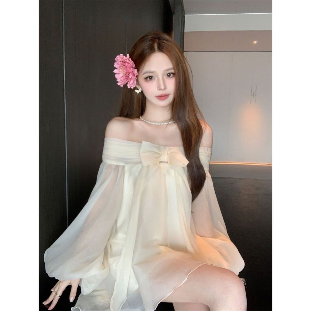 Gentle French bow one-shoulder chiffon dress