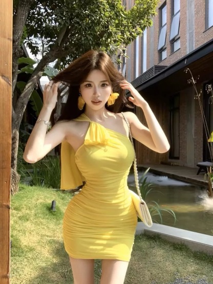2026年春夏韩版小众性感黄色挂脖斜领连衣裙女千金感褶皱包臀裙