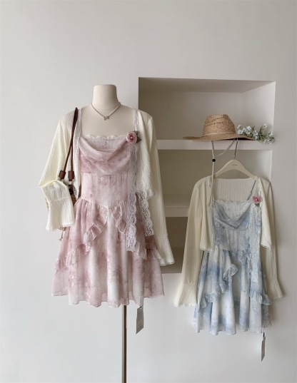 2026年春夏法式甜美碎花吊带连衣裙女防晒针织开衫两件套装