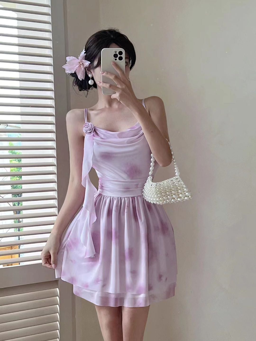 2026春夏纯欲风小清新甜美吊连衣裙小个子收腰花朵飘带网纱蓬蓬裙短裙公主裙子