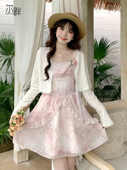 2026年春夏法式甜美碎花吊带连衣裙女防晒针织开衫两件套装