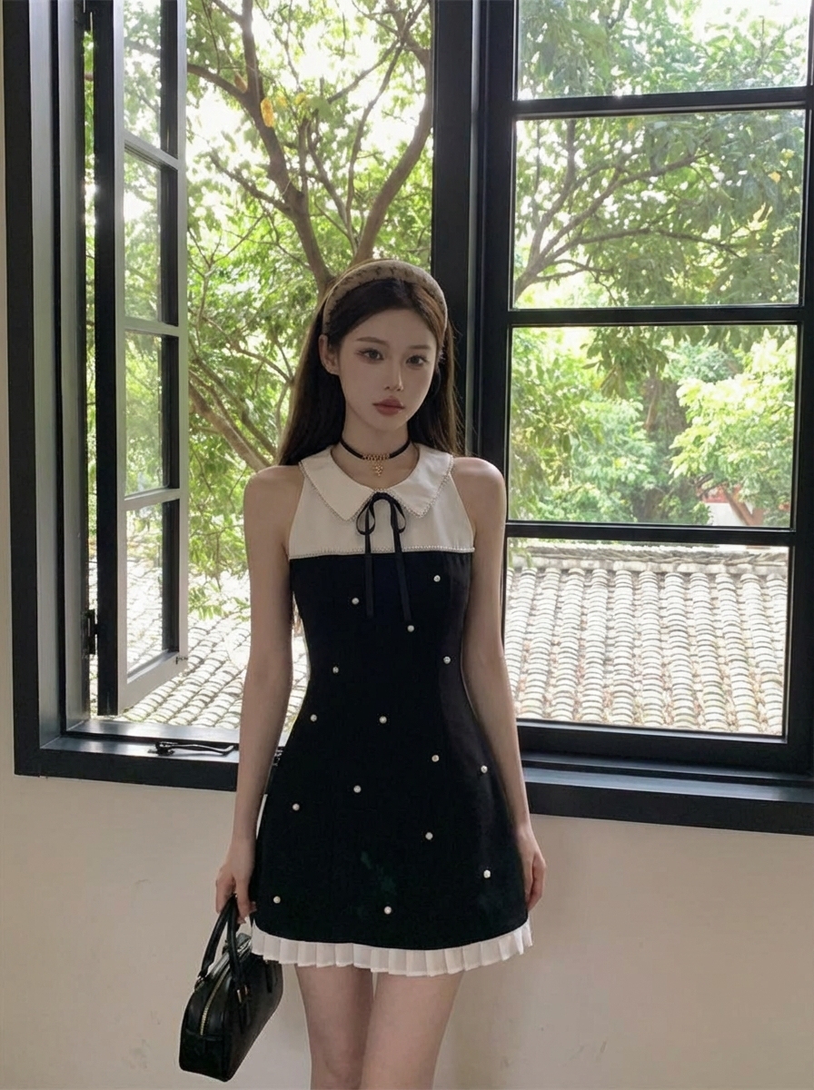 2026年春夏千金设计莫奈无袖连衣裙感收法式蝴蝶结钉珠两件撞连衣裙