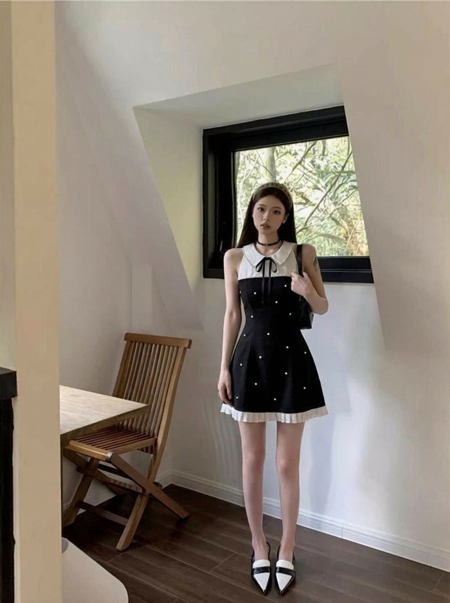 2026年春夏千金设计莫奈无袖连衣裙感收法式蝴蝶结钉珠两件撞连衣裙