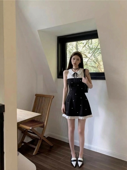 2026年春夏千金设计莫奈无袖连衣裙感收法式蝴蝶结钉珠两件撞连衣裙