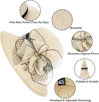 UVカット 帽子 レディース 日よけ 帽子 つば広 小顔効果 花飾り 教会 パーティー 結婚式 二次会 ビーチ 旅行 エレガント 夏 サンハット 折りたたみ 通気
