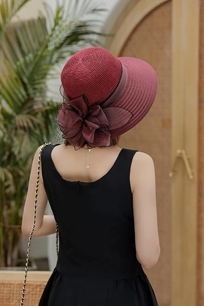 UVカット 帽子 レディース 日よけ 帽子 つば広 小顔効果 花飾り 教会 パーティー 結婚式 二次会 ビーチ 旅行 エレガント 夏 サンハット 折りたたみ 通気