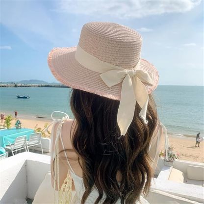 夏春 麦わら帽子レディース 蝶結び ビーチ 日焼け止め ストローハット 小顔効果 あご紐 折りたたみ ガーデニング 旅行 海 防紫外線 UVカット 天然素材 通気性