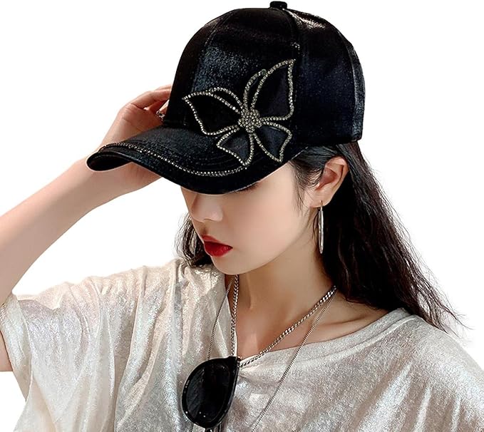 レディース サテン キャップ ワンポイント ラインストーン キラキラ かわいい ブラック 帽子 ゴルフ 調整