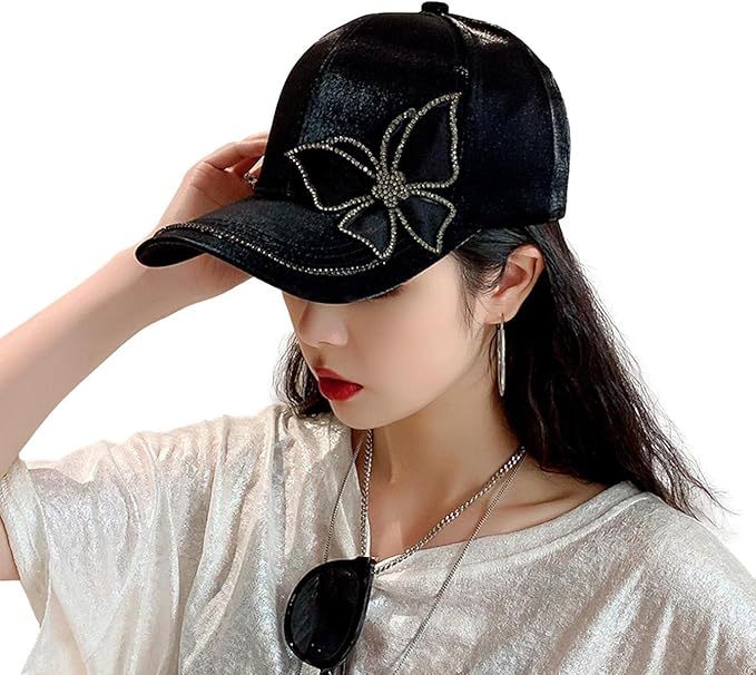 レディース サテン キャップ ワンポイント ラインストーン キラキラ かわいい ブラック 帽子 ゴルフ 調整