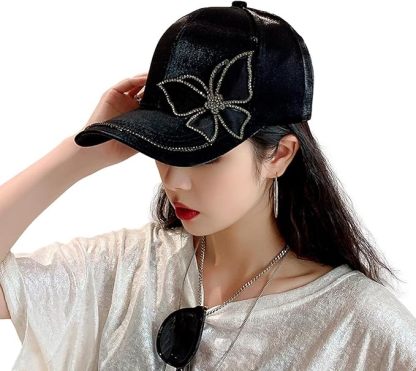 レディース サテン キャップ ワンポイント ラインストーン キラキラ かわいい ブラック 帽子 ゴルフ 調整