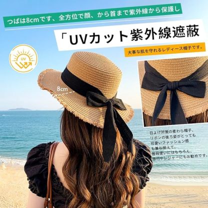 夏春 麦わら帽子レディース 蝶結び ビーチ 日焼け止め ストローハット 小顔効果 あご紐 折りたたみ ガーデニング 旅行 海 防紫外線 UVカット 天然素材 通気性