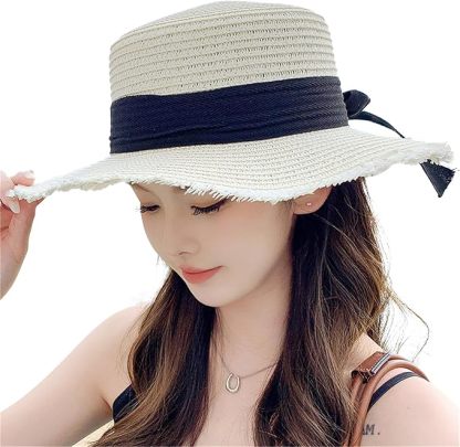 夏春 麦わら帽子レディース 蝶結び ビーチ 日焼け止め ストローハット 小顔効果 あご紐 折りたたみ ガーデニング 旅行 海 防紫外線 UVカット 天然素材 通気性