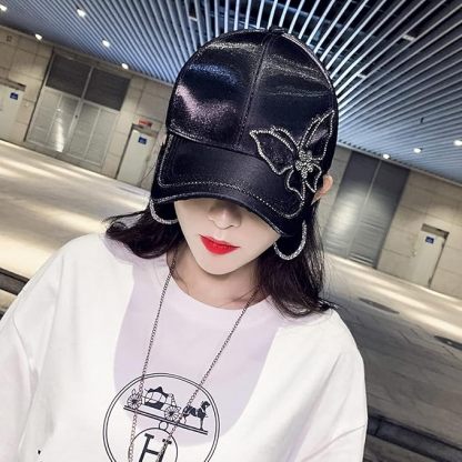 レディース サテン キャップ ワンポイント ラインストーン キラキラ かわいい ブラック 帽子 ゴルフ 調整