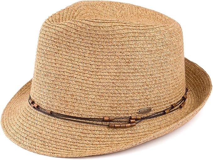 Women's Straw Fedora Sun Hat - UPF 50+ Protection, Short Brim, Stylish Woven Pattern