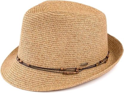 Women's Straw Fedora Sun Hat - UPF 50+ Protection, Short Brim, Stylish Woven Pattern
