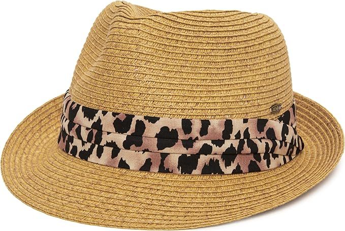 Women's Straw Fedora Sun Hat - UPF 50+ Protection, Short Brim, Stylish Woven Pattern