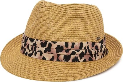 Women's Straw Fedora Sun Hat - UPF 50+ Protection, Short Brim, Stylish Woven Pattern