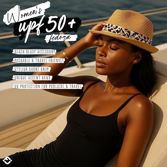 Women's Straw Fedora Sun Hat - UPF 50+ Protection, Short Brim, Stylish Woven Pattern