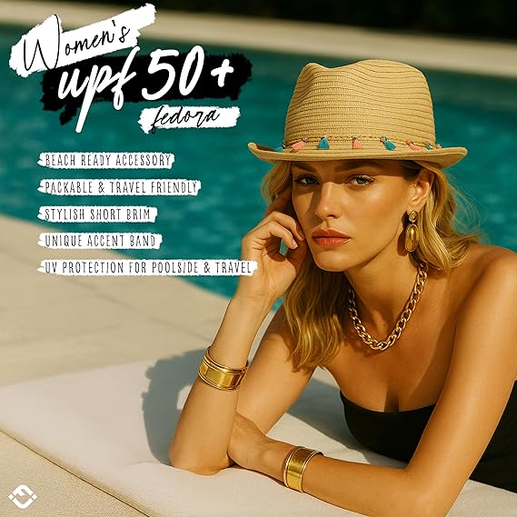 Women's Straw Fedora Sun Hat - UPF 50+ Protection, Short Brim, Stylish Woven Pattern