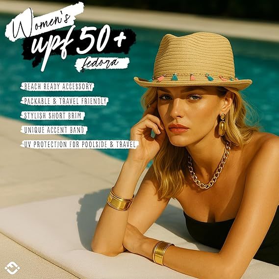 Women's Straw Fedora Sun Hat - UPF 50+ Protection, Short Brim, Stylish Woven Pattern