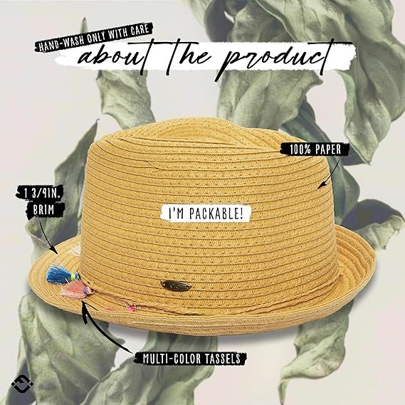 Women's Straw Fedora Sun Hat - UPF 50+ Protection, Short Brim, Stylish Woven Pattern