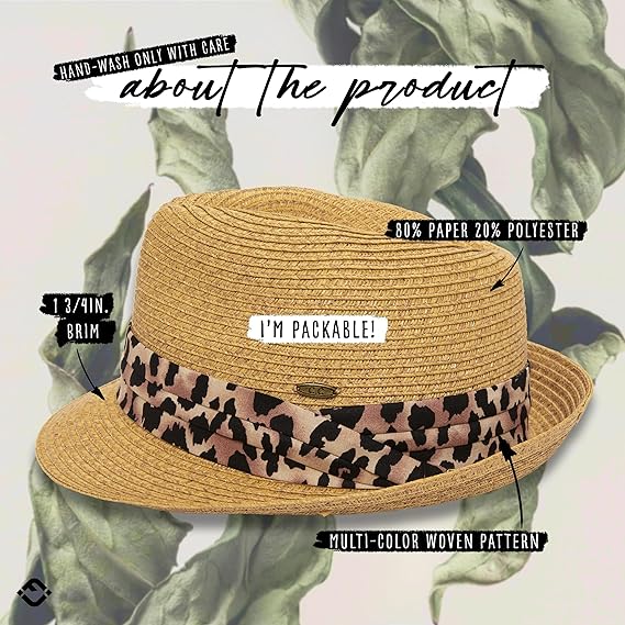 Women's Straw Fedora Sun Hat - UPF 50+ Protection, Short Brim, Stylish Woven Pattern