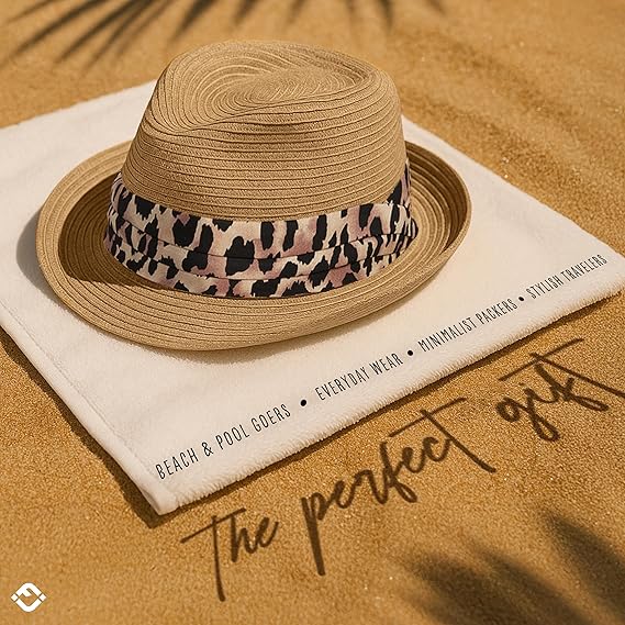 Women's Straw Fedora Sun Hat - UPF 50+ Protection, Short Brim, Stylish Woven Pattern