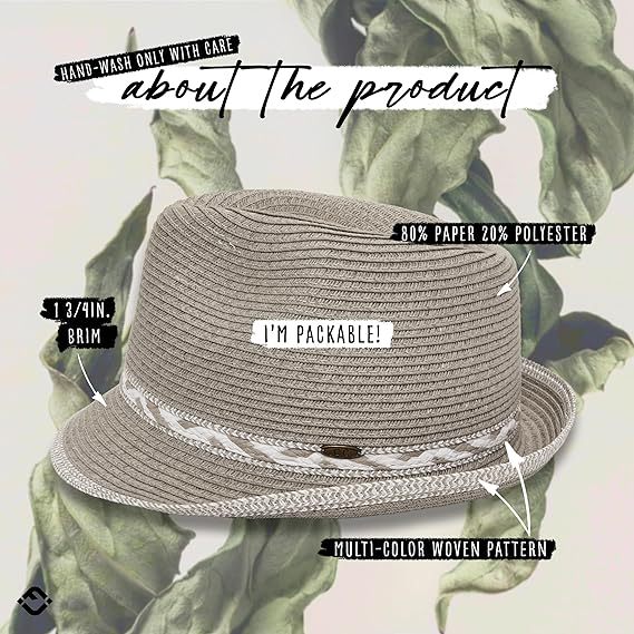 Women's Straw Fedora Sun Hat - UPF 50+ Protection, Short Brim, Stylish Woven Pattern