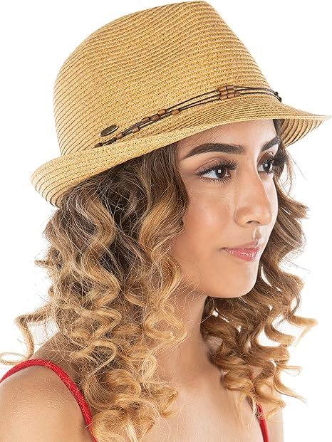 Women's Straw Fedora Sun Hat - UPF 50+ Protection, Short Brim, Stylish Woven Pattern