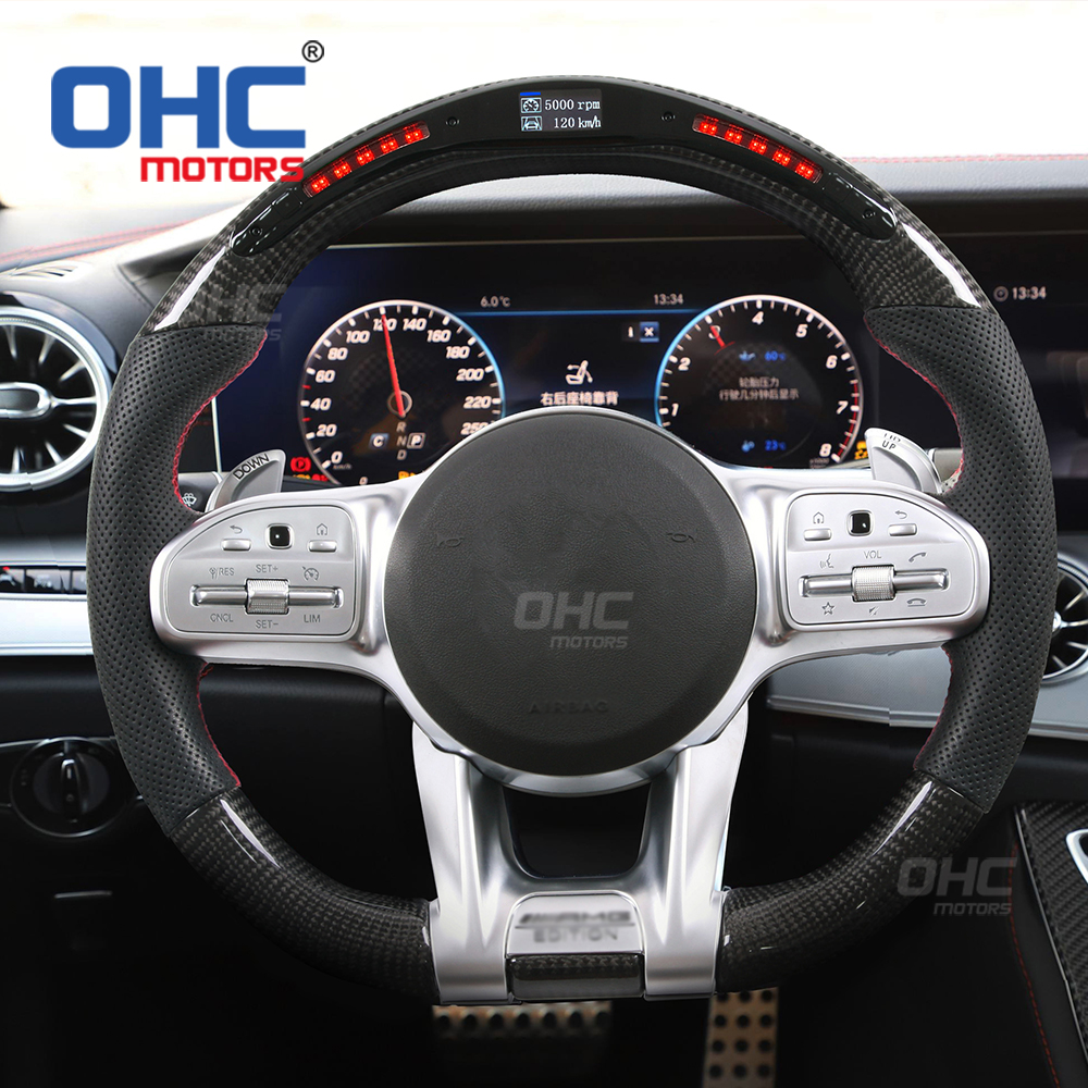 LED RPM Carbon Fiber Steering Wheel Core Alcantara Fit For AMG Mercedes-Benz W204 W205 W211 AMG GLE CLA 2018-2021