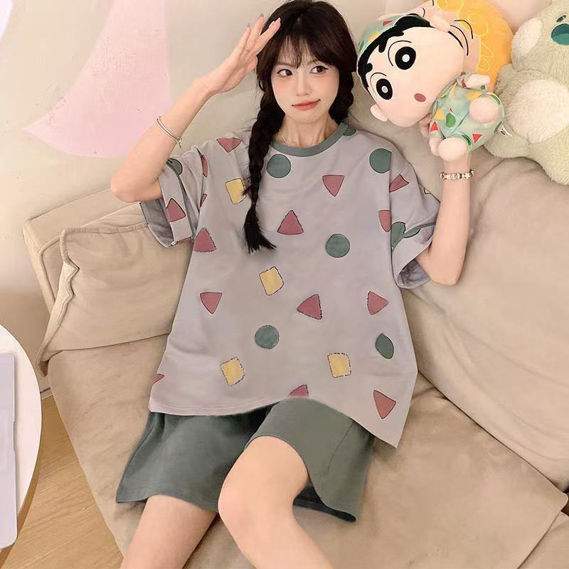 Printed Pajamas Women's Summer Short Sleeve Thin round Neck Suit Cute Cartoon Student Girl Home Wear