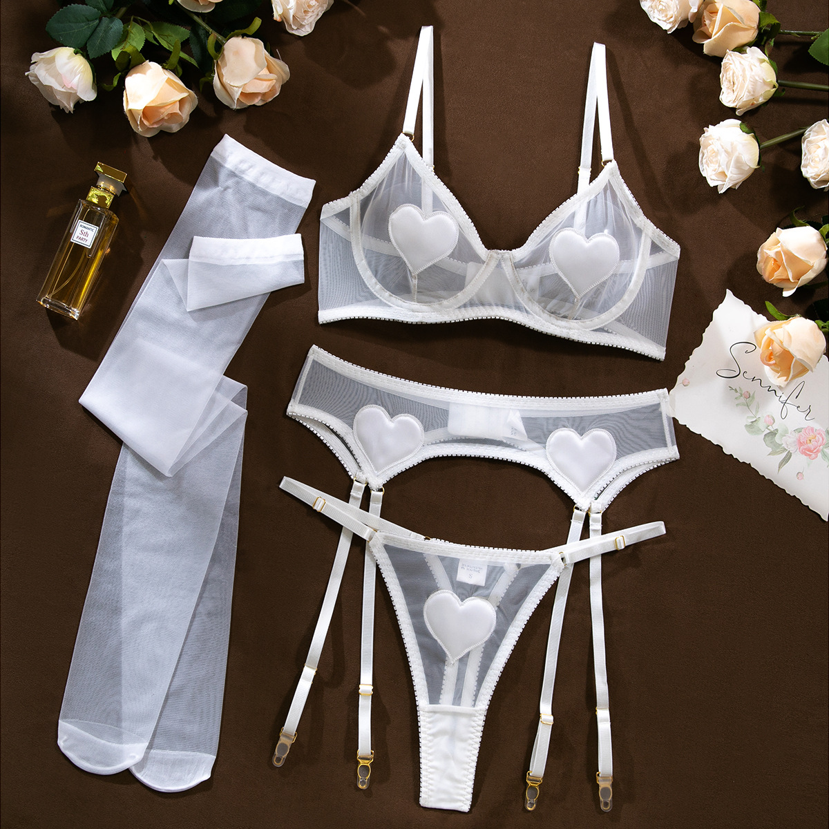 New Valentine's Day Love Heart Sexy Lingerie  Transparent Bra and Panties Four-Piece Set with Stockings Christmas Outfit-SLIQIA