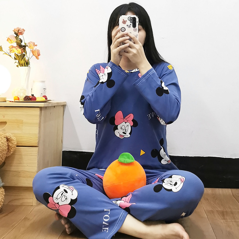 Simple Style Spring and Autumn Pajamas for Women Korean Style Solid Color Plaid Long Sleeve Wearable Loose Homewear Set