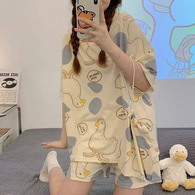 Printed Pajamas Women's Summer Short Sleeve Thin round Neck Suit Cute Cartoon Student Girl Home Wear
