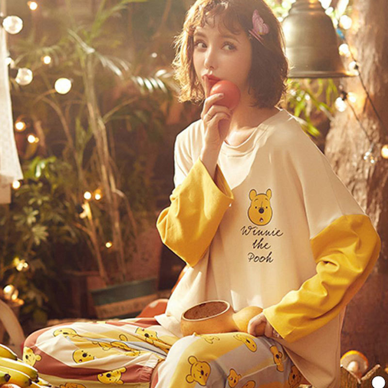 Simple Style Spring and Autumn Pajamas for Women Korean Style Solid Color Plaid Long Sleeve Wearable Loose Homewear Set