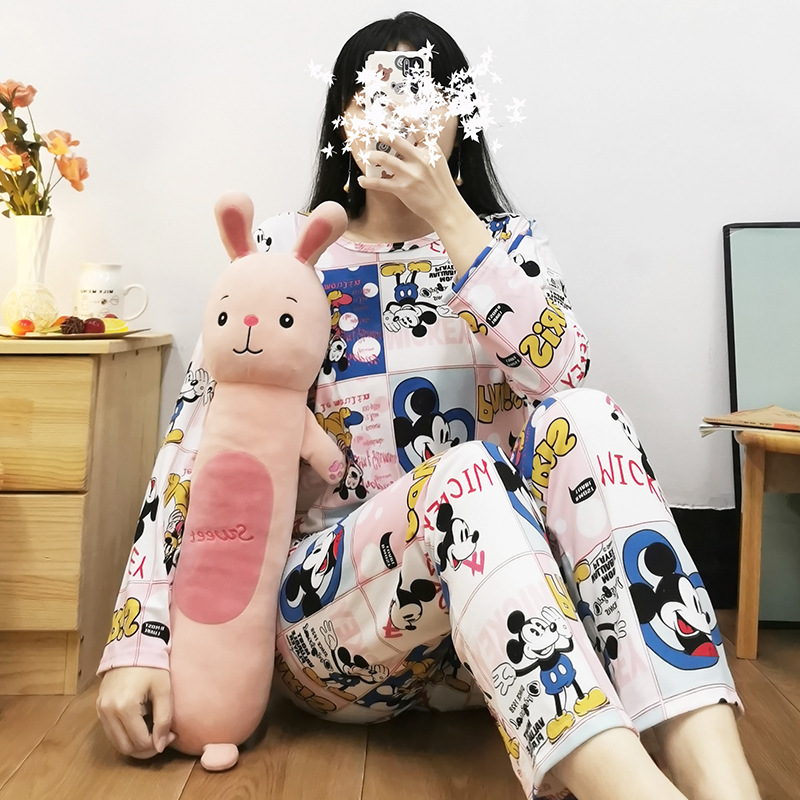 Simple Style Spring and Autumn Pajamas for Women Korean Style Solid Color Plaid Long Sleeve Wearable Loose Homewear Set