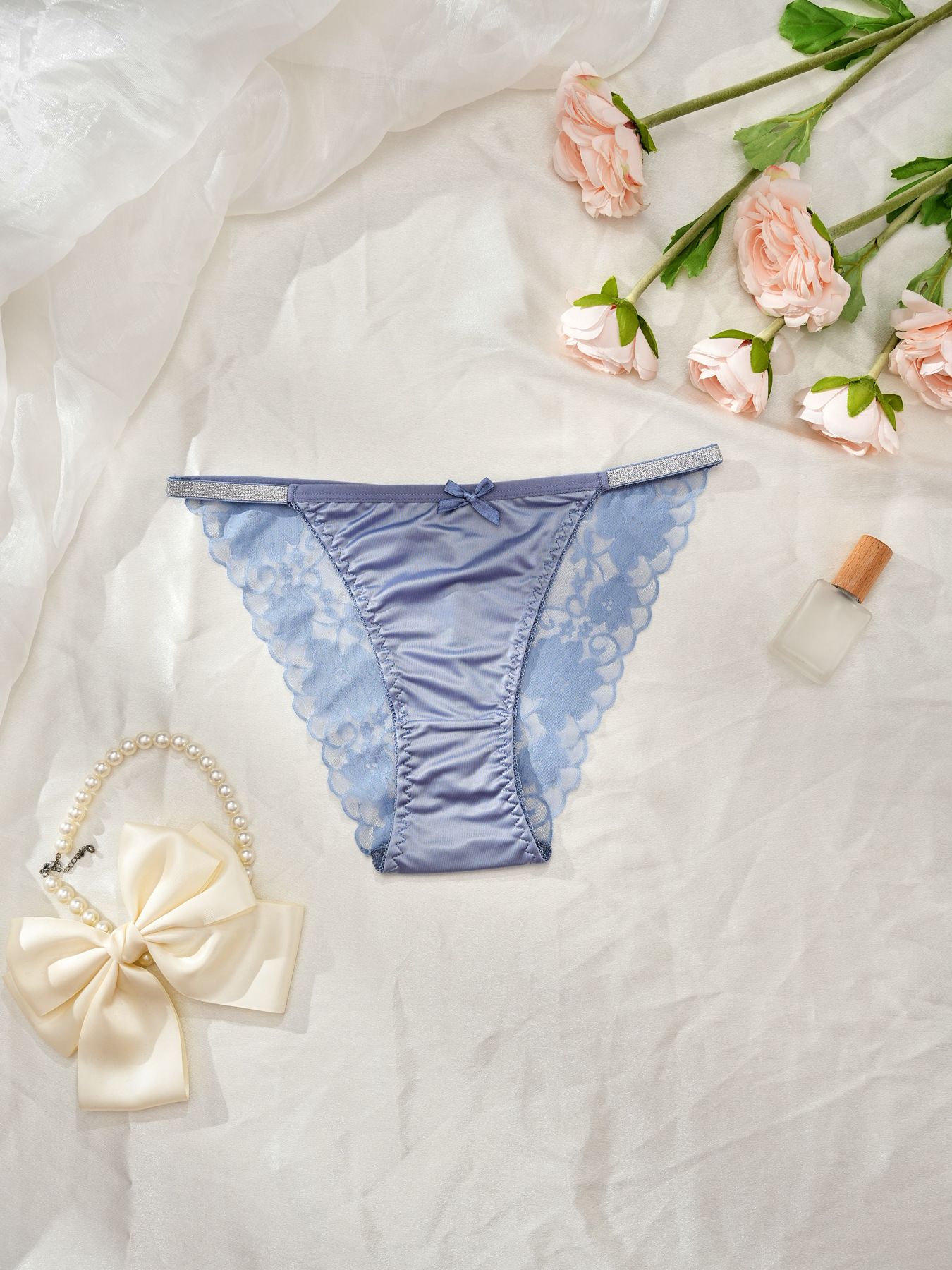 Pure Desire French Bow Satin Women's Triangle Panties Silky Satin Pearl Lace Sexy Thin Strap Women's Underwear-SLIQIA