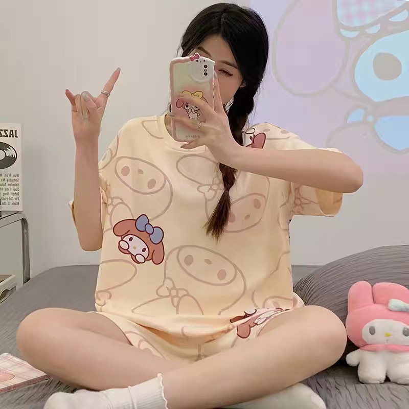 Printed Pajamas Women's Summer Short Sleeve Thin round Neck Suit Cute Cartoon Student Girl Home Wear