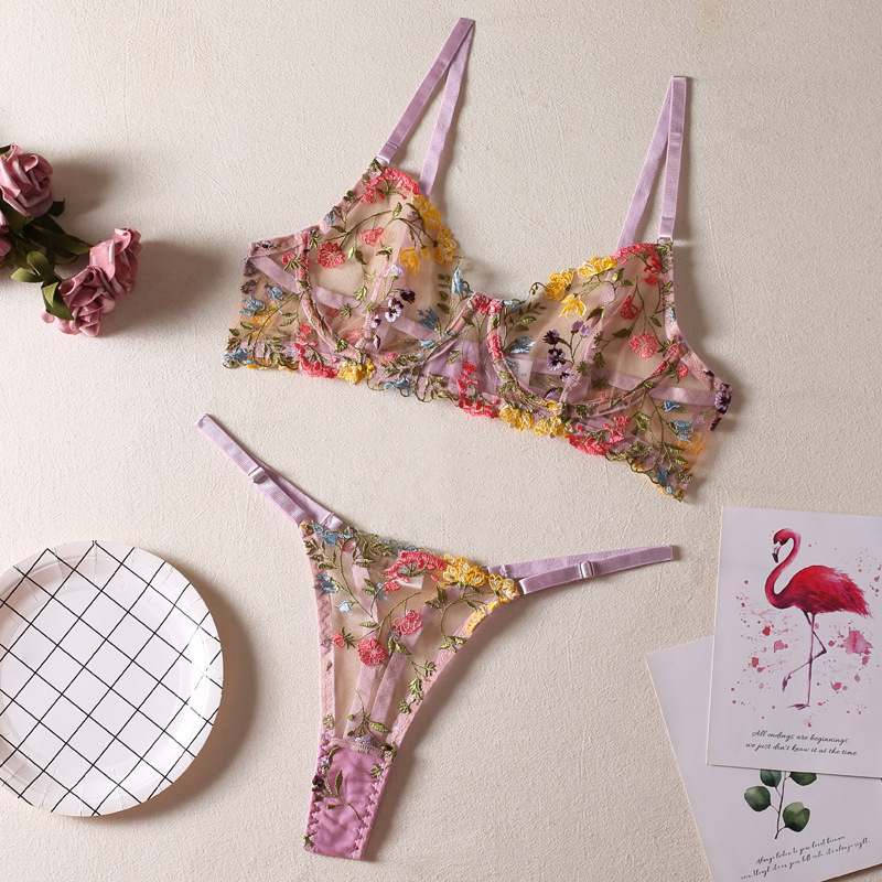 Specialized Sexy Embroidered Small Floral Patchwork Color-Breast-Exposing Bra with Underwire and Thong Lingerie Set