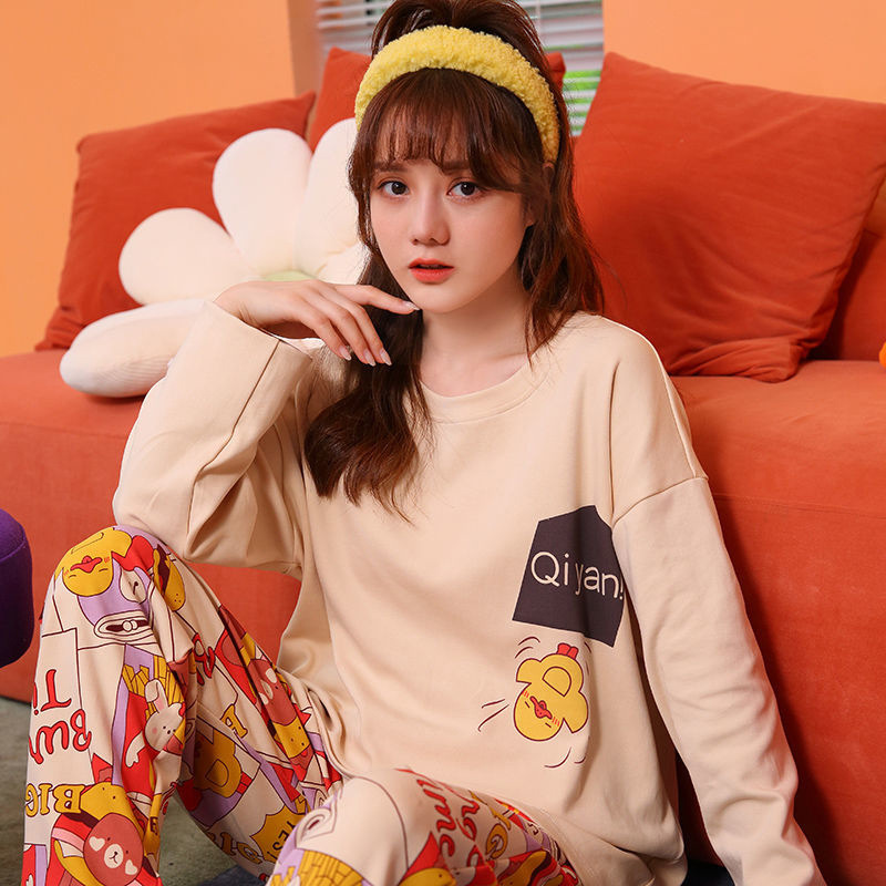 Simple Style Spring and Autumn Pajamas for Women Korean Style Solid Color Plaid Long Sleeve Wearable Loose Homewear Set