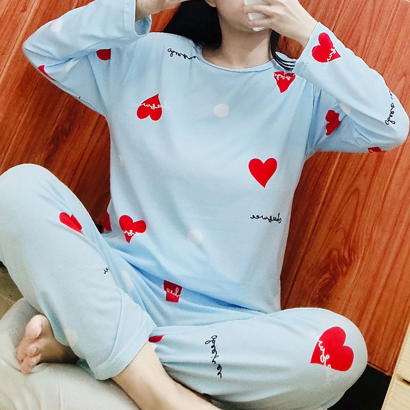 Simple Style Spring and Autumn Pajamas for Women Korean Style Solid Color Plaid Long Sleeve Wearable Loose Homewear Set